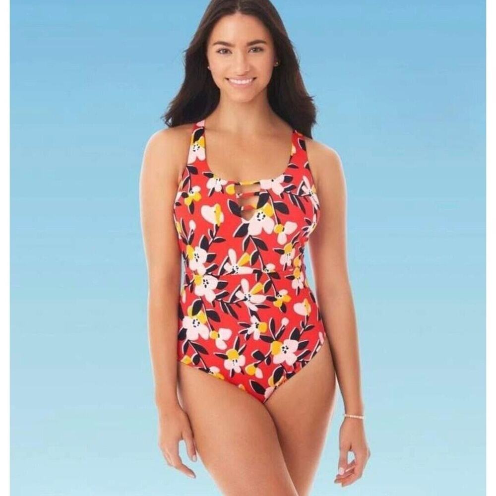 Beach Betty by Miracle Brands Floral One Piece Swimsuit Red Strappy Small